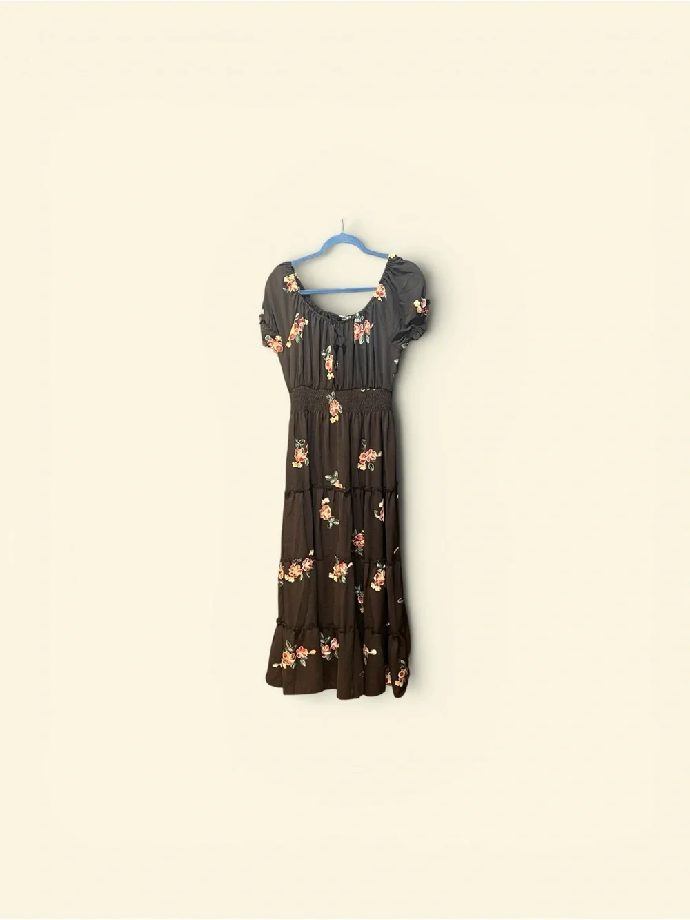 Anthro Kindred Embroidered Smocked Brown Maxi Dress with Puff Sleeves